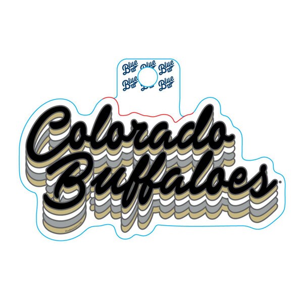 A sticker that says Colorado Buffaloes in layered cursive. It is black, white, gray, and Vegas gold.